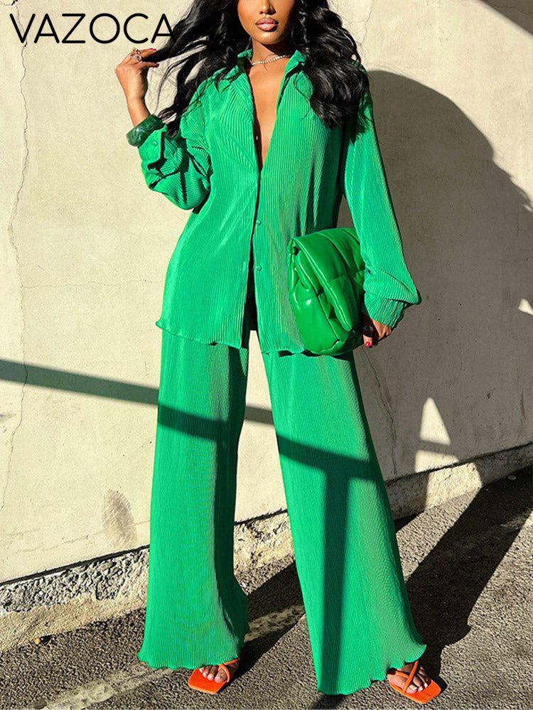 Pleated Shirt & Wide Pants Set