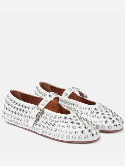 Rhinestone Leather Ballet Flats