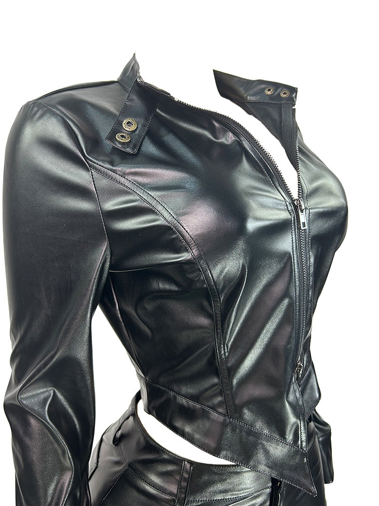 Leather Crop Jacket & Shorts Set