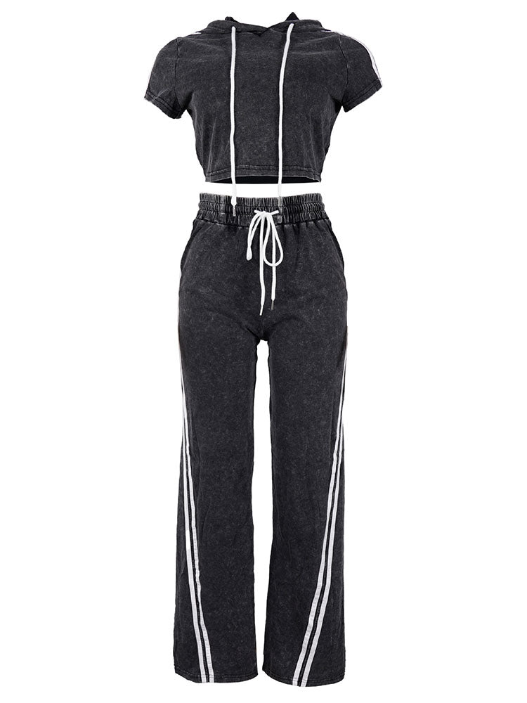 Washed Crop Hoodie & Wide Pants Set