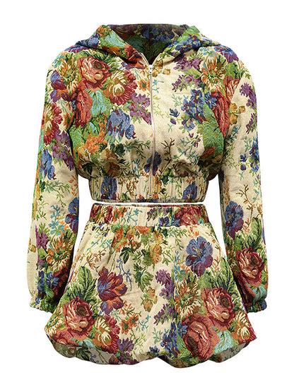 Vintage Floral Jacquard Hoodie & Skirt Set