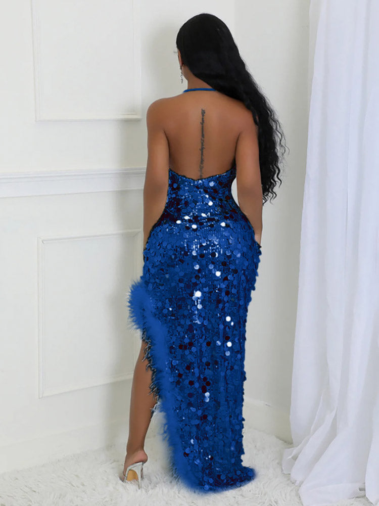 Sequin Fur Slit Dress