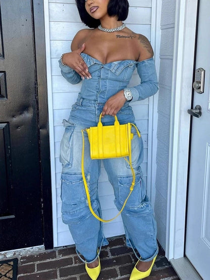 Off Shoulder Denim Cargo Jumpsuit