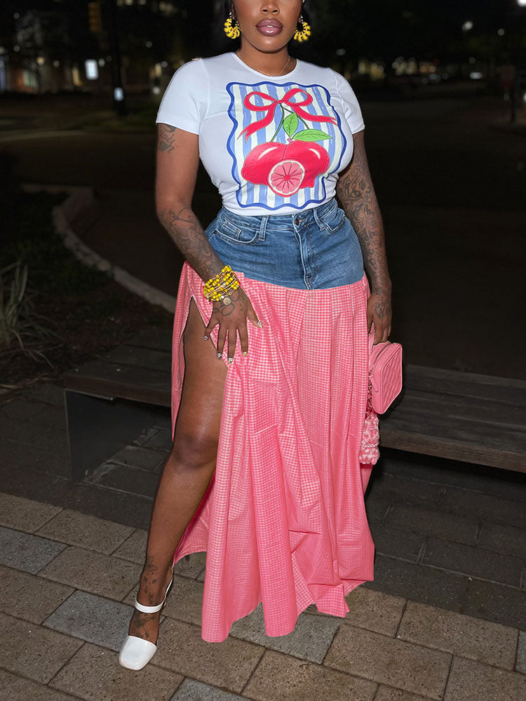 Lemon Printed Top & Denim Gingham Skirt Set