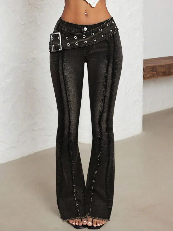 Belted Fringe Flared Jeans