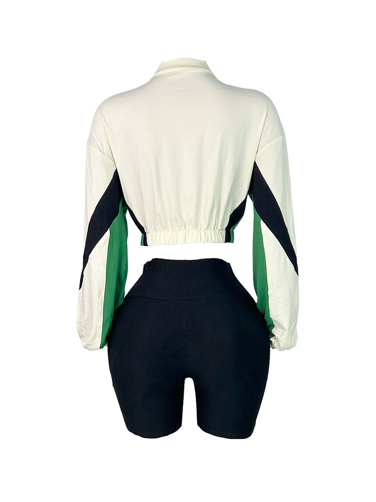 Colorblock Zip-Up Jacket & Biker Shorts Set