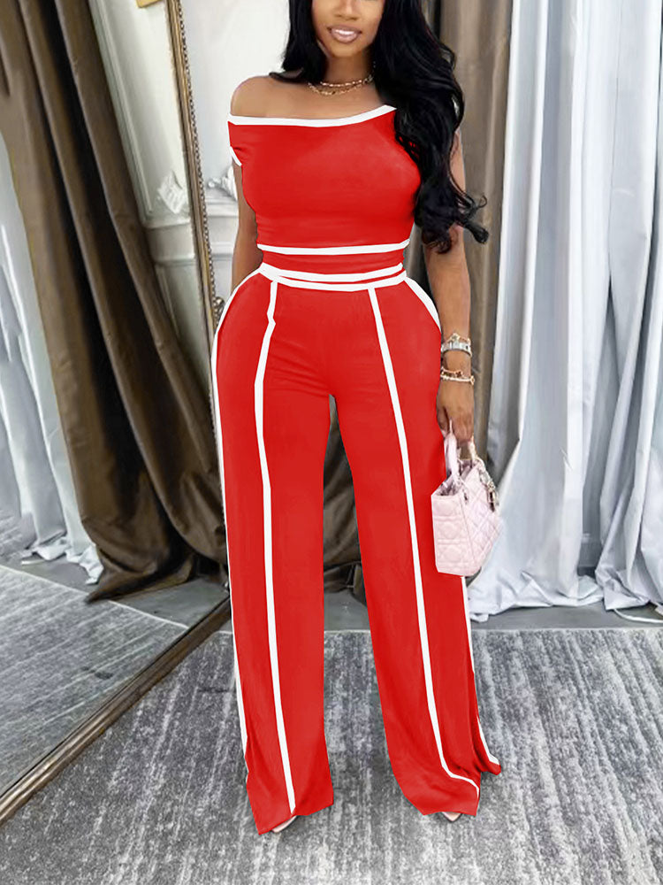 Contrast Off Shoulder Top & Pants Set