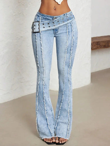 Belted Fringe Flared Jeans