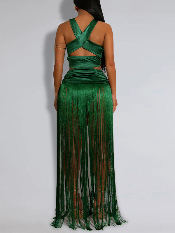 Solid Fringe Top & Skirt Set