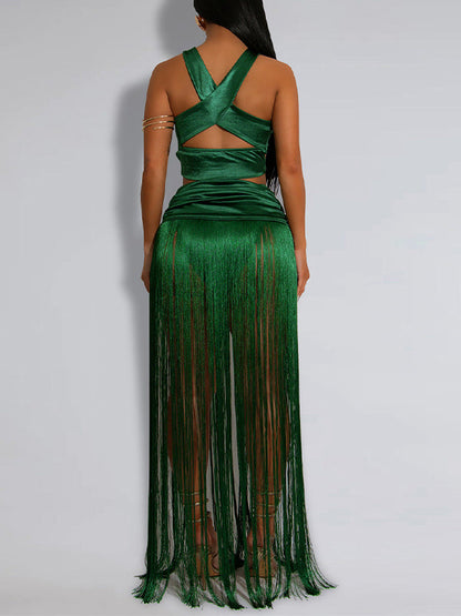 Solid Fringe Top & Skirt Set