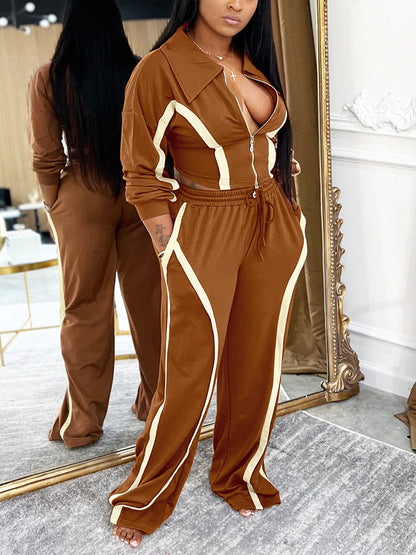 Contrast Zip-Front Jacket & Wide Pants Set