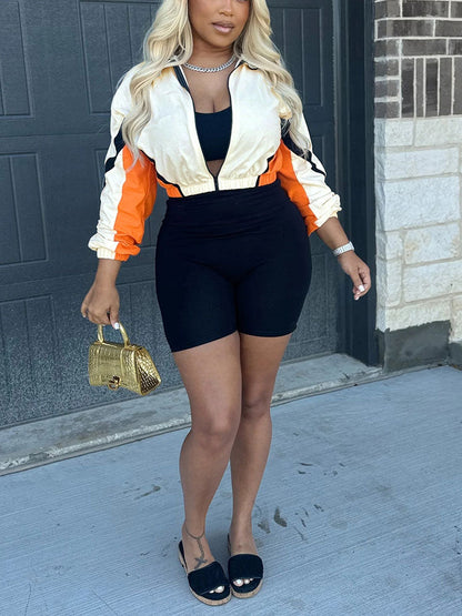 Colorblock Zip-Up Jacket & Biker Shorts Set