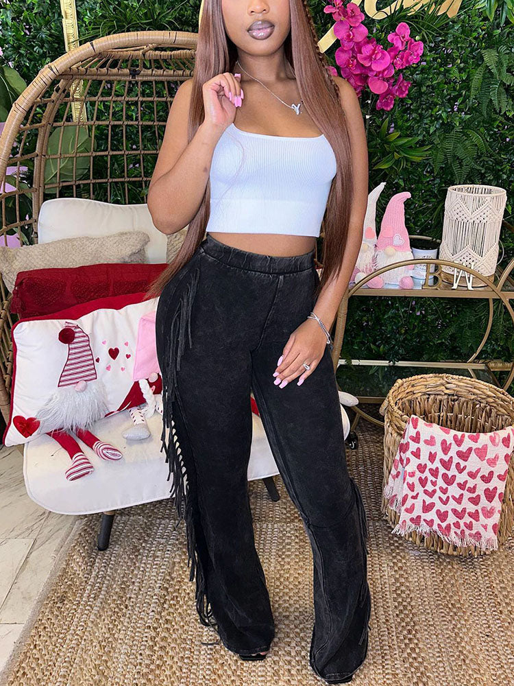 Washed Fringe Flare Pants