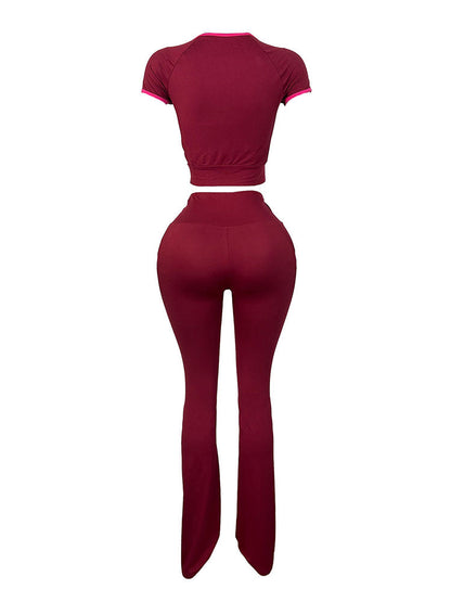 Sporty Contrast Top & Flared Pants Set