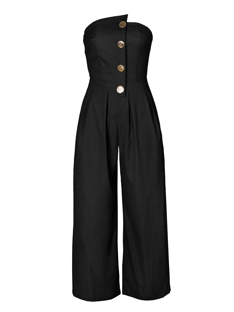 Strapless Button Wide Jumpsuit