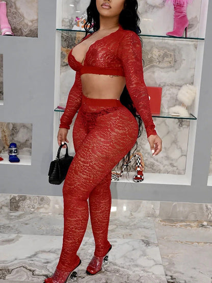 Lace V-Neck Crop Top & Pants Set
