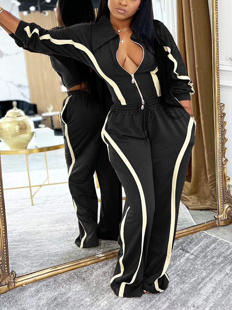 Contrast Zip-Front Jacket & Wide Pants Set