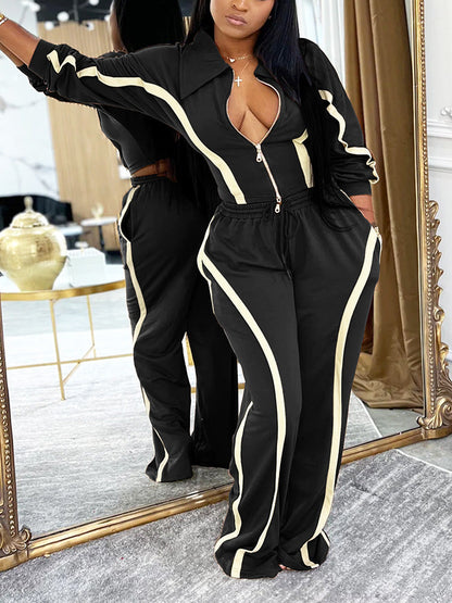 Contrast Zip-Front Jacket & Wide Pants Set