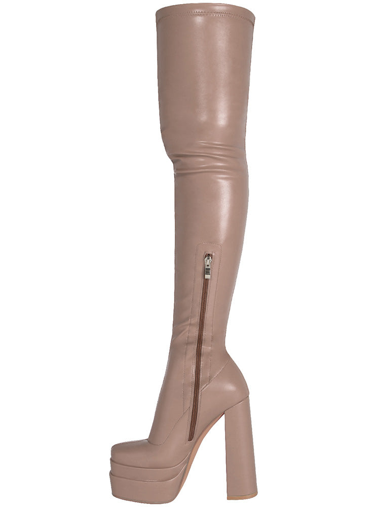 PU Platform Heel Thigh High Boots