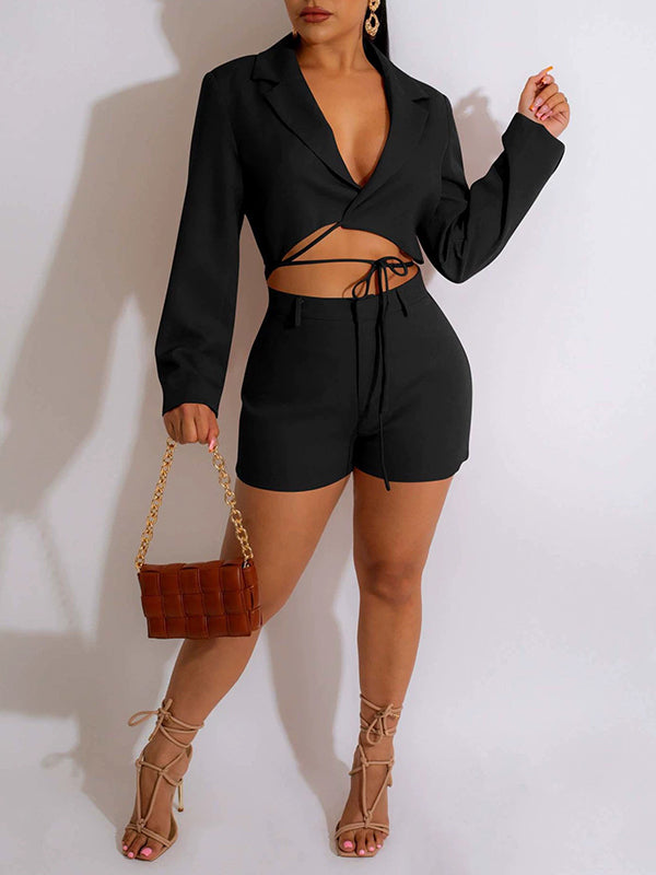 Solid Tied Blazer & Shorts Set