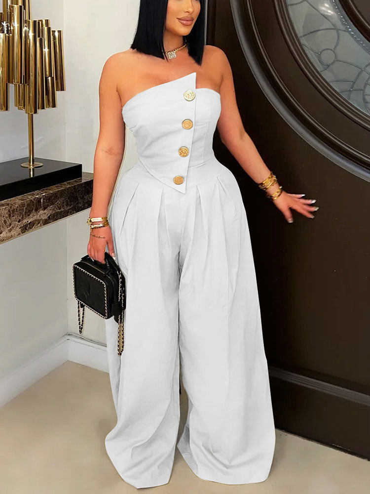 Strapless Button Wide Jumpsuit