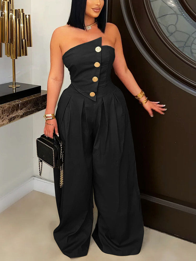Strapless Button Wide Jumpsuit