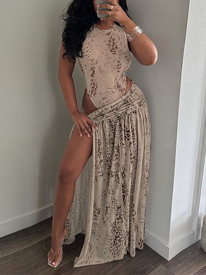 Printed Sleeveless Bodysuit & Slit Skirt Set