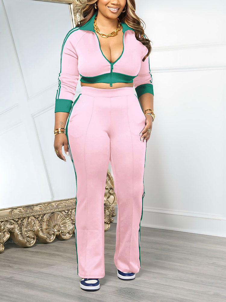 Striped Trim Zip Cropped Jacket & Pants Set
