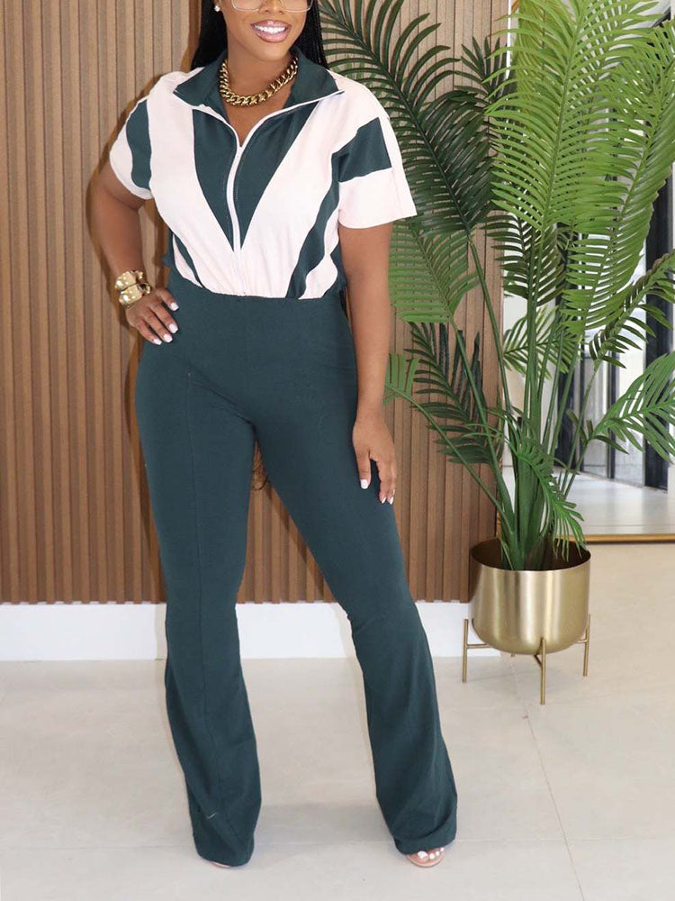 Contrast Zip-Front Flared Jumpsuit