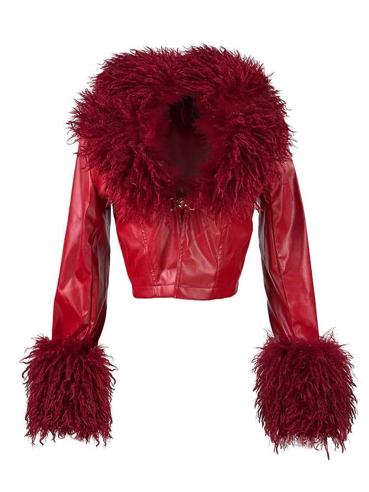 Leather Fur Trim Jacket & Pants Combo