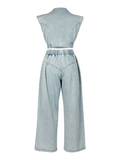 Denim Zip-Up Top & Wide Pants Set