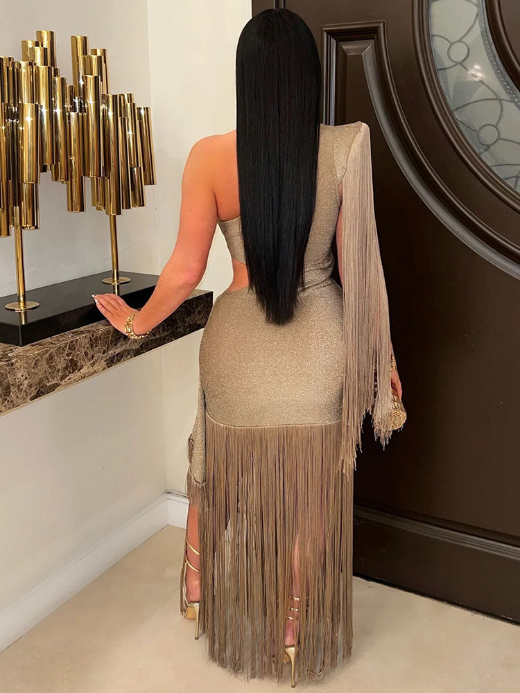 Glitter One-Shoulder Fringe Gown Dress