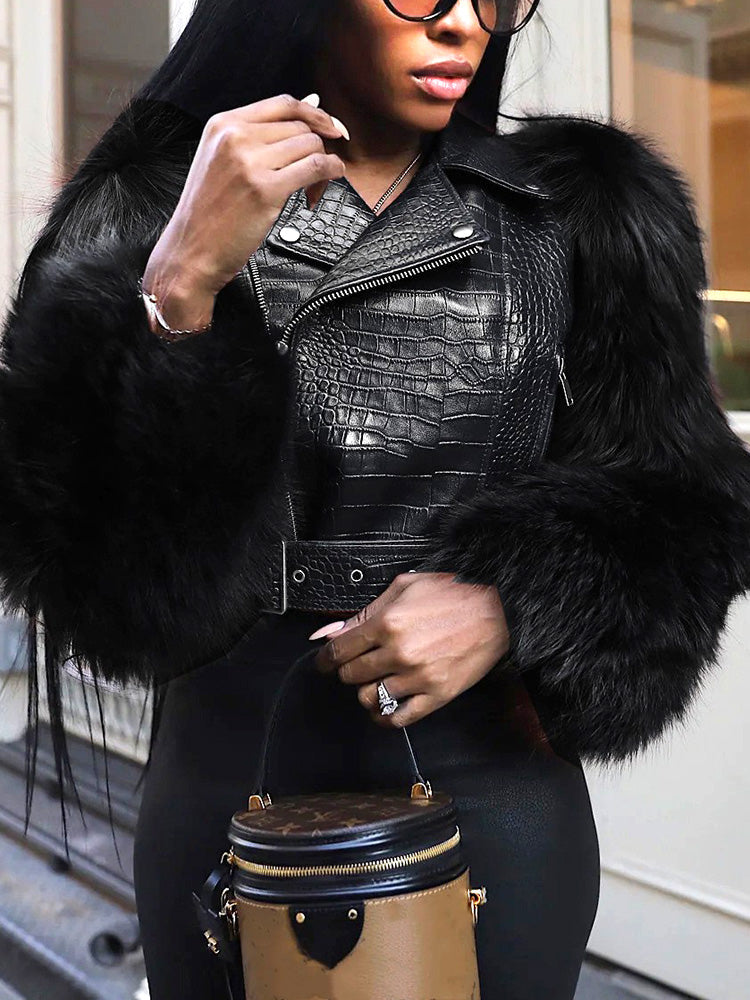 Faux Fur Sleeve & Croc-Embossed Jacket