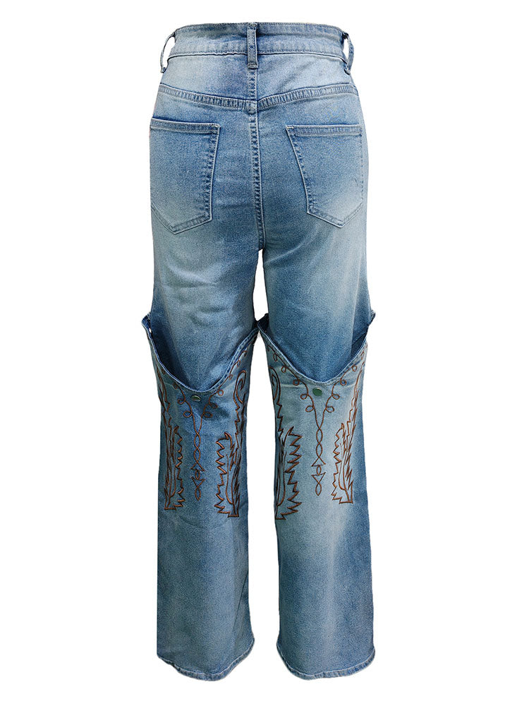 Embroidered Snap Button Jeans