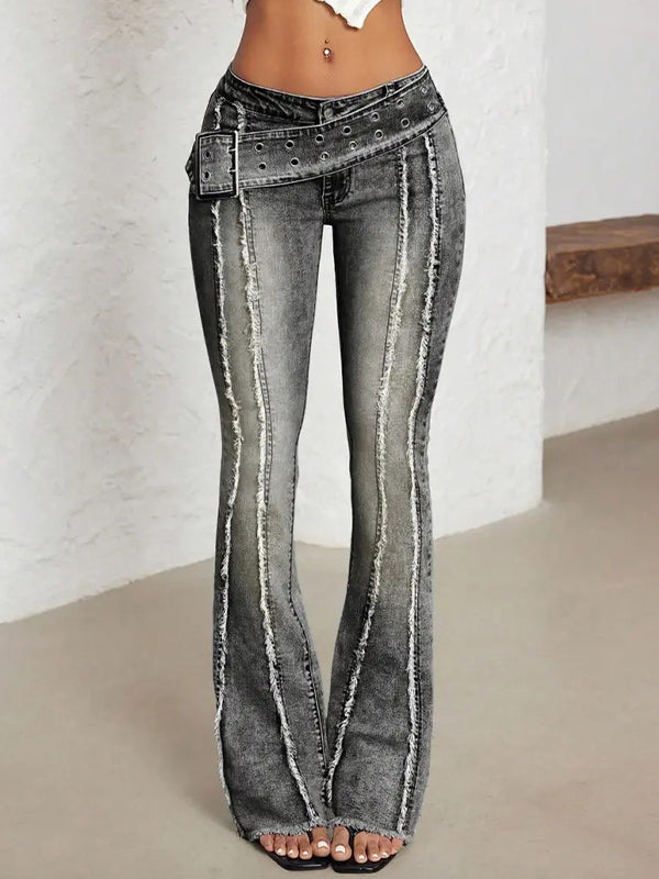 Belted Fringe Flared Jeans