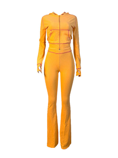 Waffle Knit Hoodie and Flare Pants Set