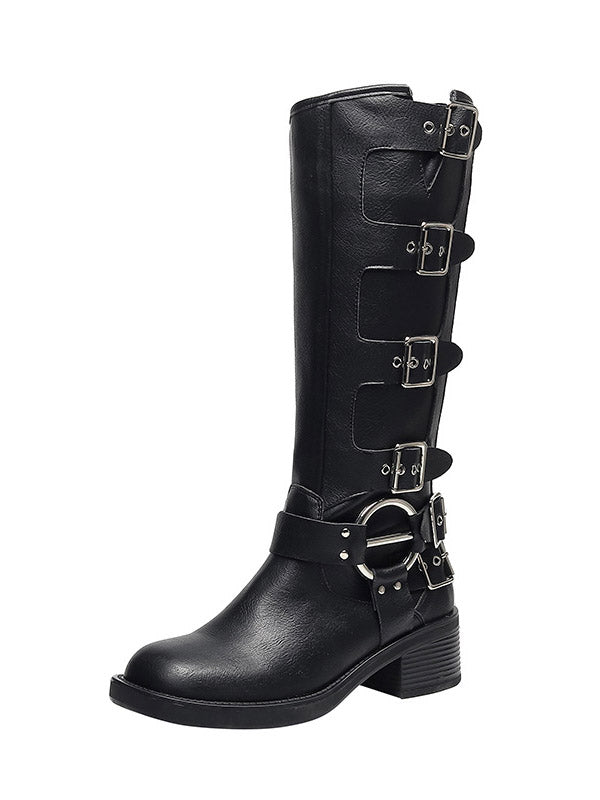 Buckle Leather Chunky Heel Biker Boots