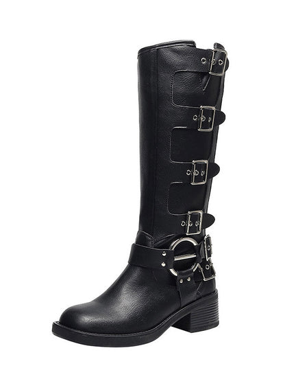 Buckle Leather Chunky Heel Biker Boots