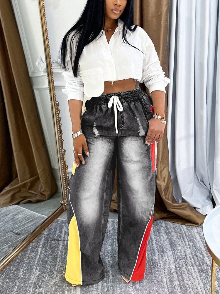 Colorblock Drawstring Jeans