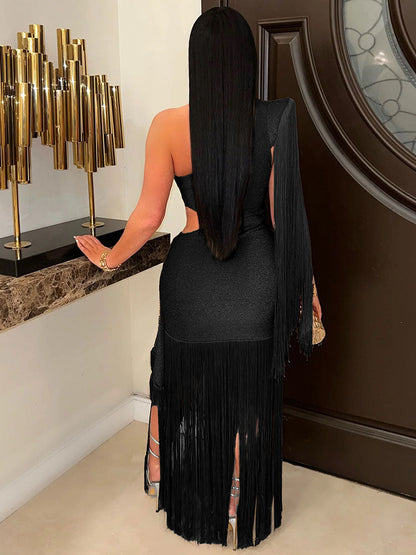 Glitter One-Shoulder Fringe Gown Dress