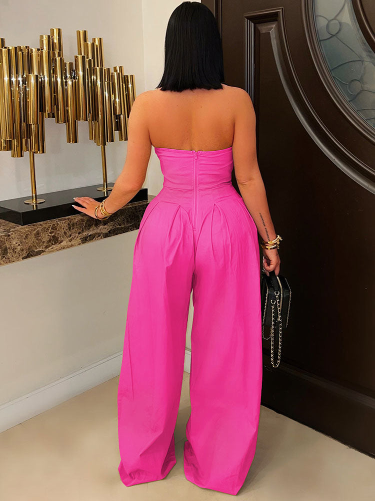 Strapless Button Wide Jumpsuit