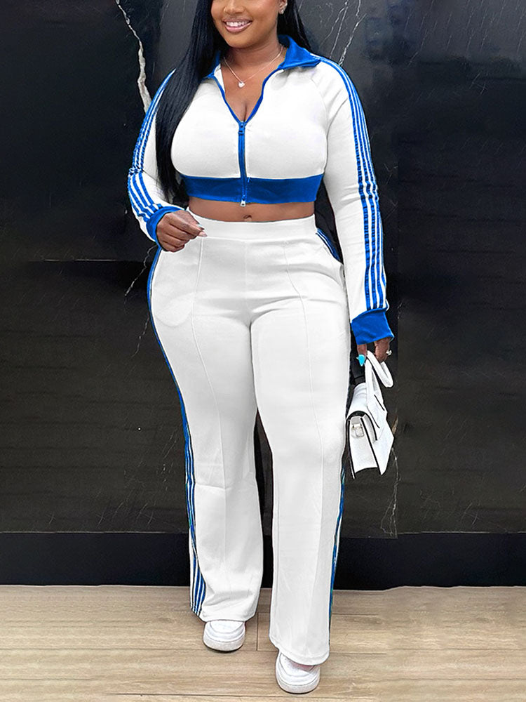 Striped Trim Zip Cropped Jacket & Pants Set