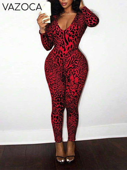 Leopard V-Neck Skinny Jumpsuit