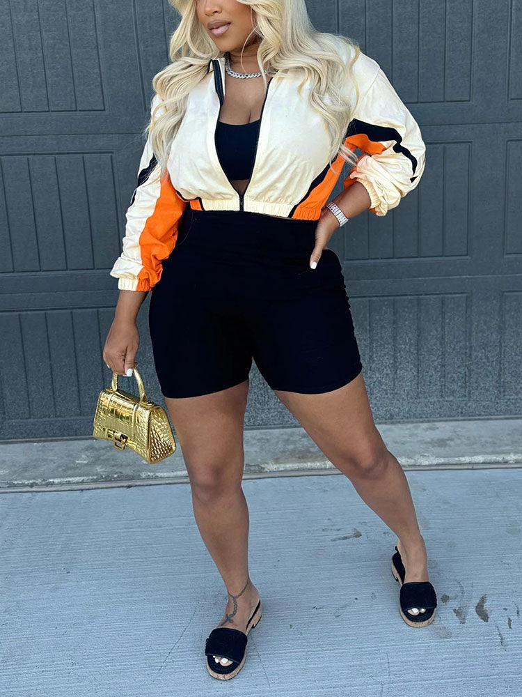 Colorblock Zip-Up Jacket & Biker Shorts Set