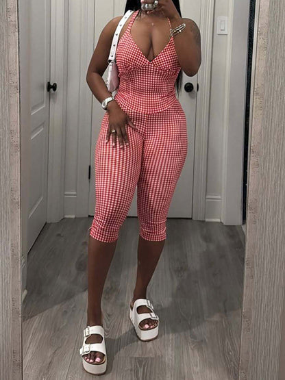 Vichy Plaid Halter Top & Capri Pants Set