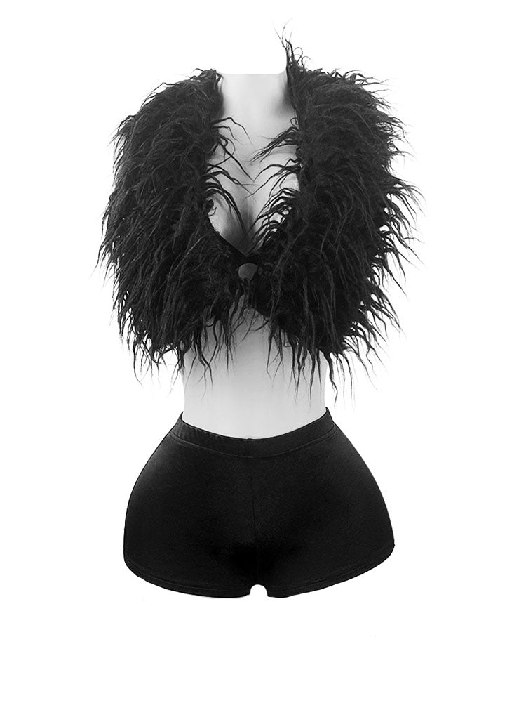 Feather-Trimmed Top & Satin Shorts Set