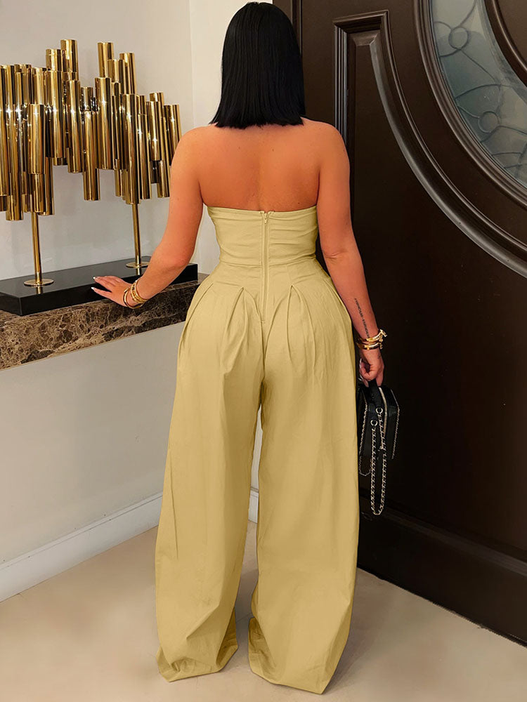 Strapless Button Wide Jumpsuit