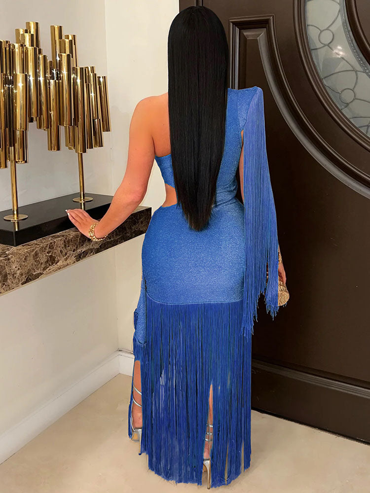 Glitter One-Shoulder Fringe Gown Dress