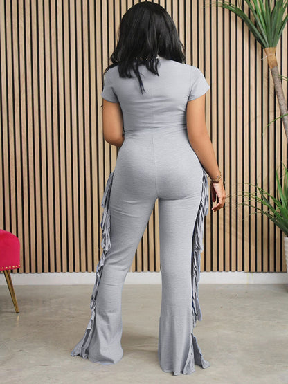 Cotton Fringe Flare Jumpsuit