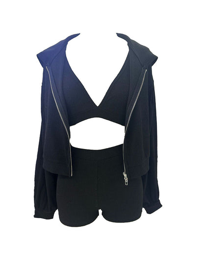 Athleisure Ribbed Three Piece Shorts Set